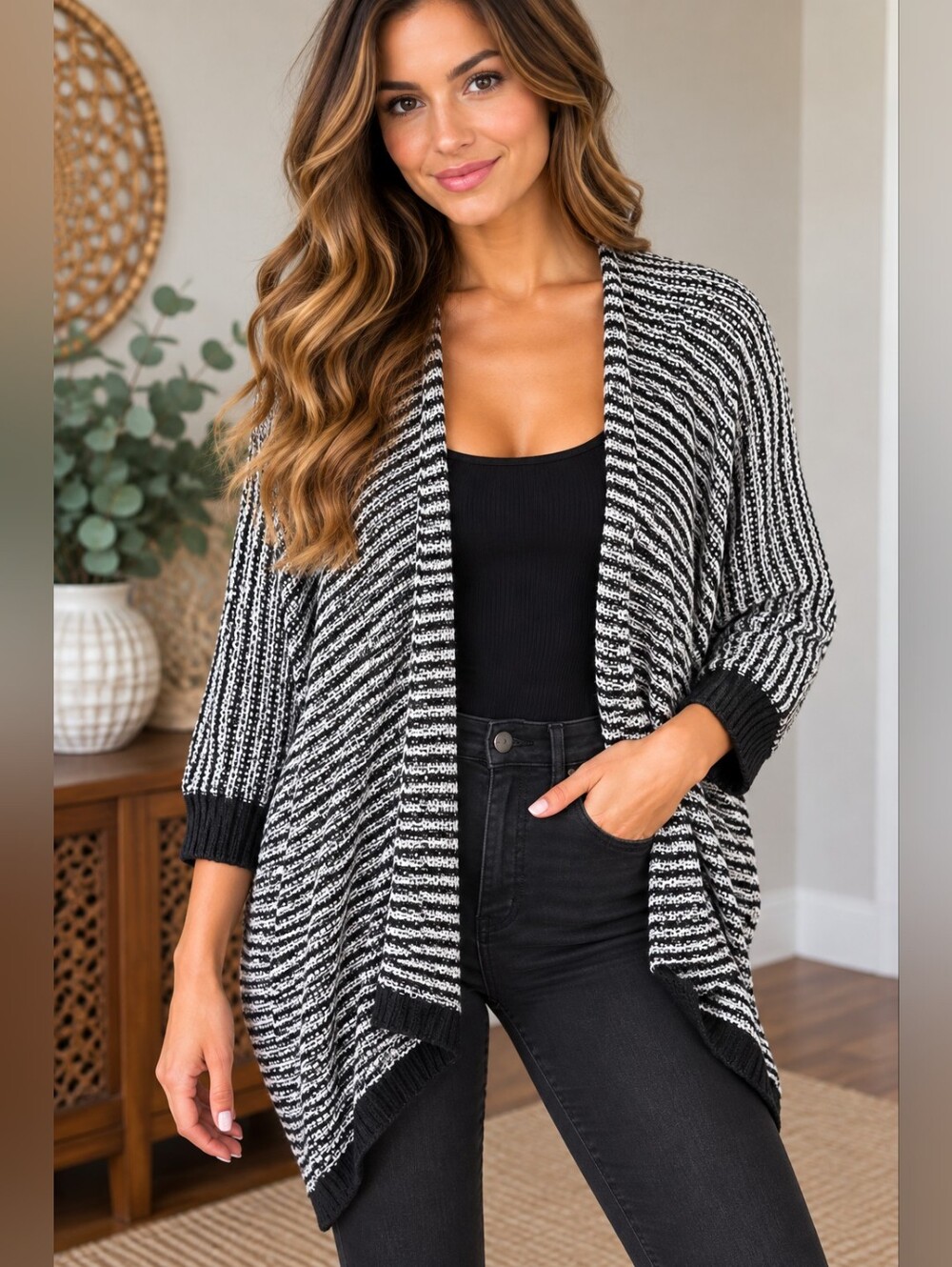 Pink Rose Black White Marled Knit Open Front Cocoon Cardigan Medium